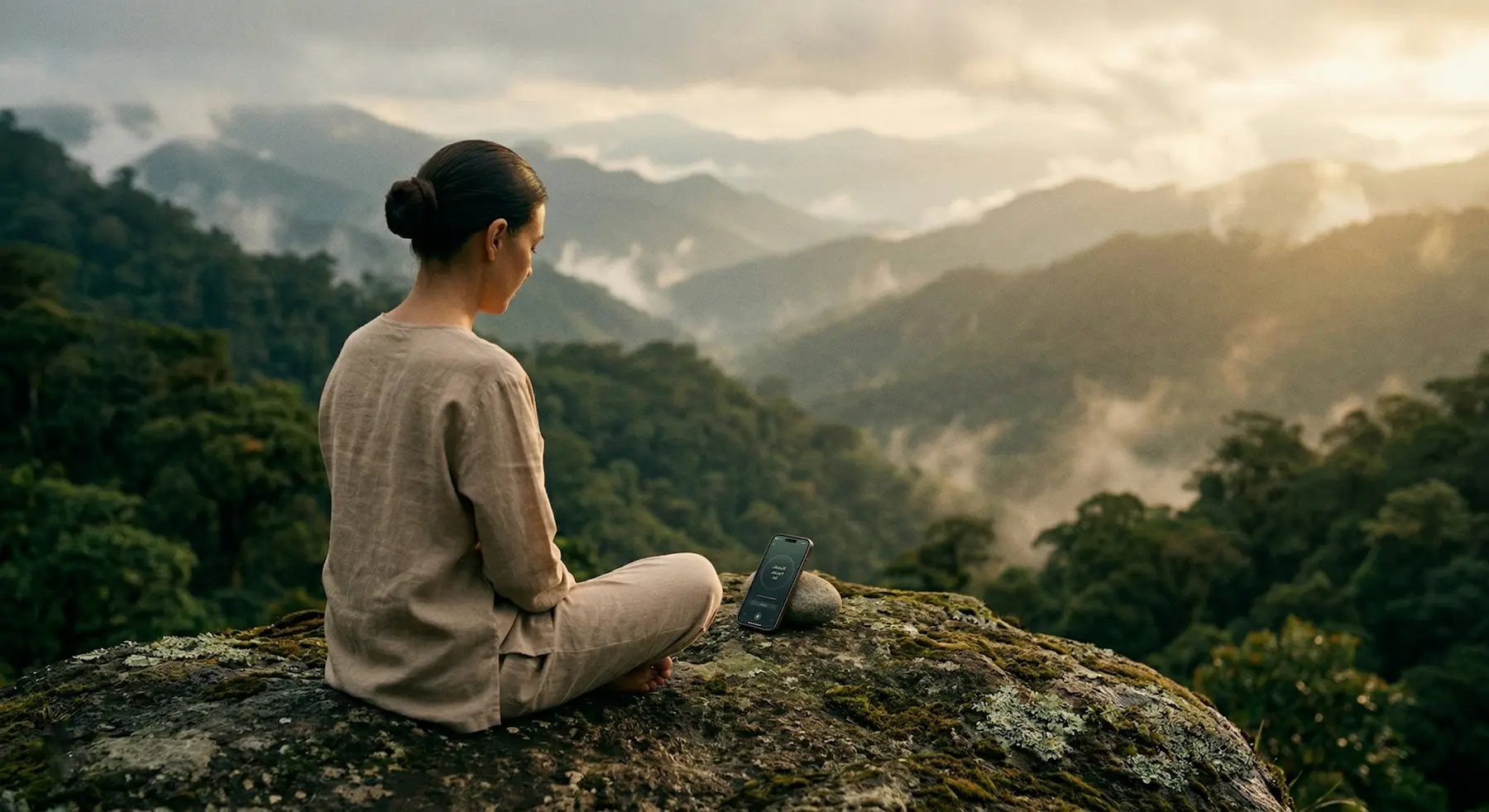 Femme en méditation face aux montagnes du Panama avec Respir